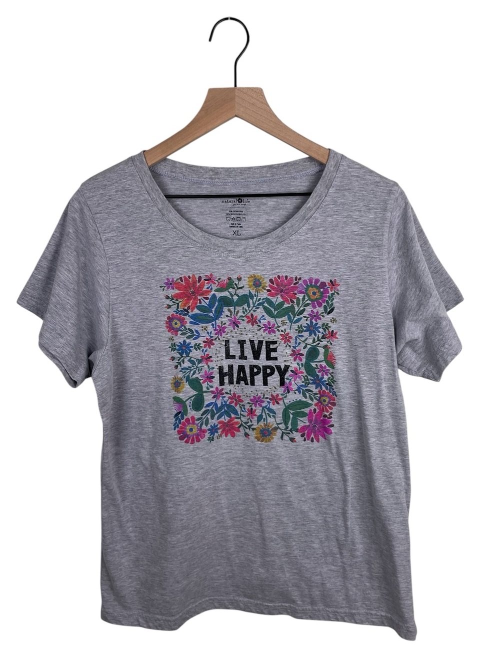 Natural Life Cotton T-Shirt Size XL Live Happy Floral Flower Heathered Gray Boho